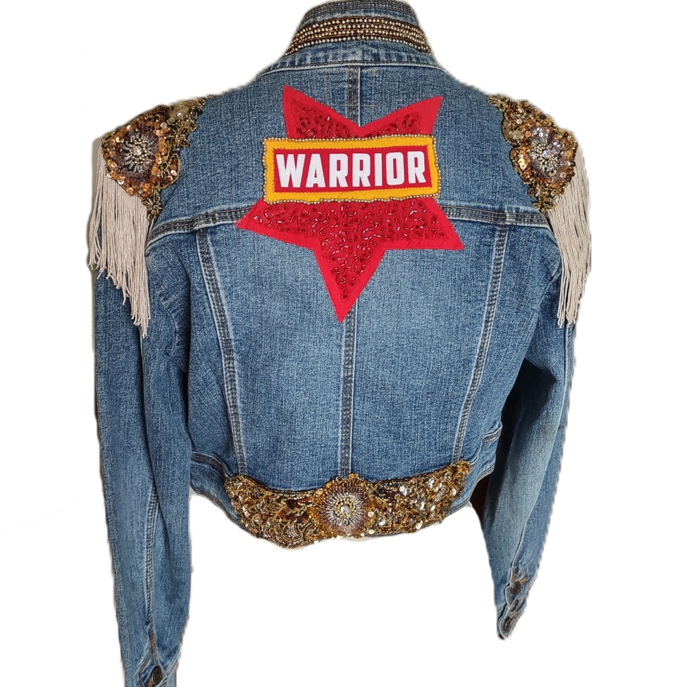 Upcycled Classic Denim Crop Jean Jacket With Hand Embellished Appliques - Picture 3 of 7